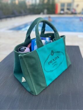 Prada Two-Tone Green Canvas Canapa Tote in GUC